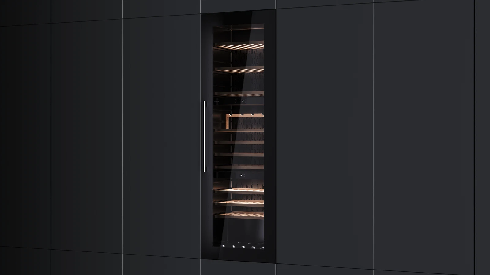 Встраиваемый в колонну винный кулер c 3-мя независимыми зонами охлаждения RVI 30097 BLACK GLASS