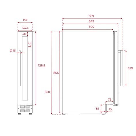 Встраиваемый винный кулер подстольного монтажа RVU 10008 BLACK GLASS