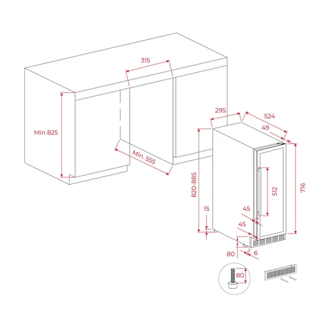 Встраиваемый винный кулер подстольного монтажа RVU 10020 BLACK GLASS