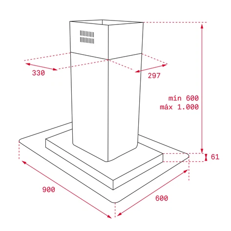 Островная вытяжка со стеклянным крылом шириной 90 см DG3 ISLA 980 SS