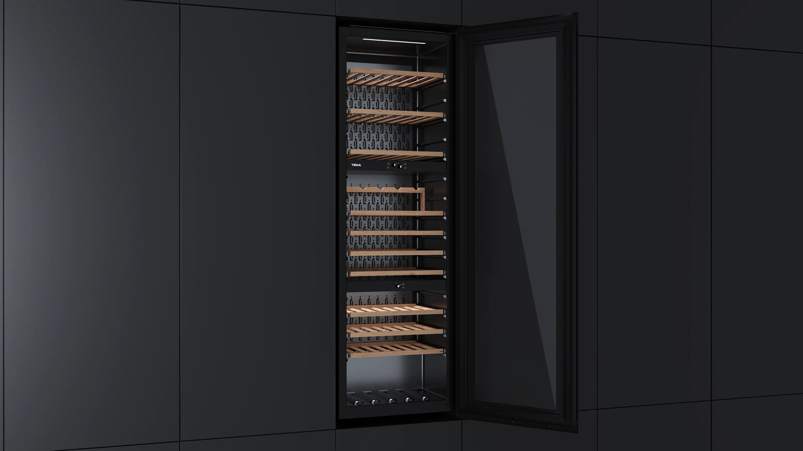 Встраиваемый в колонну винный кулер c 3-мя независимыми зонами охлаждения RVI 30097 BLACK GLASS