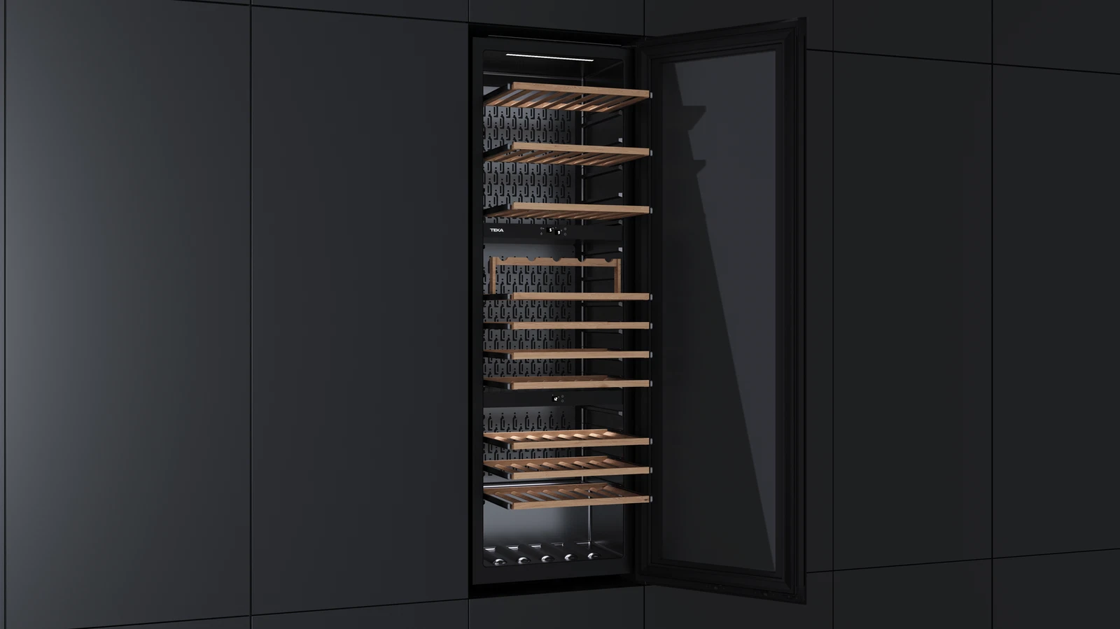 Встраиваемый в колонну винный кулер c 3-мя независимыми зонами охлаждения RVI 30097 BLACK GLASS