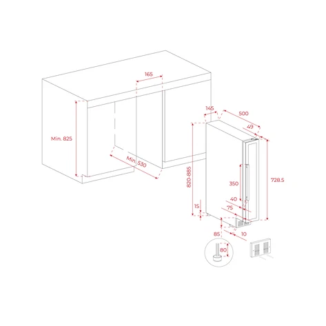 Встраиваемый винный кулер подстольного монтажа RVU 10008 BLACK GLASS